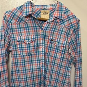 Hollister Plaid Shirt - Blue, Coral & White